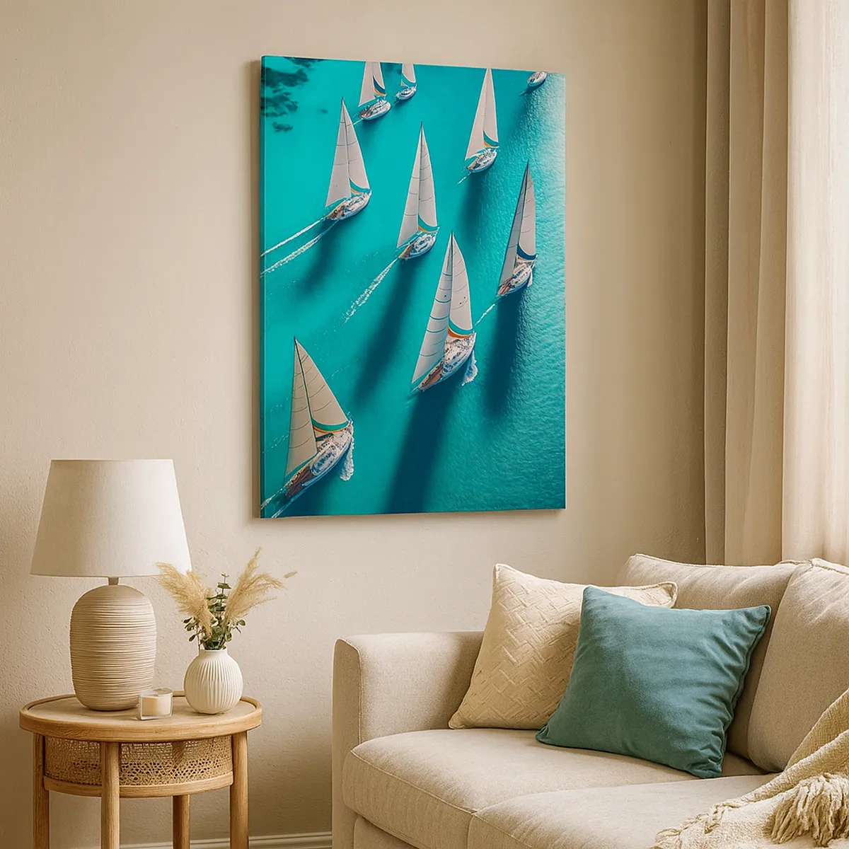 Bild auf Leinwand - Leinwandbild - Yachten auf türkisfarbenem Wasser in dynamischer Bewegung - 50x70cm - Im Wettbewerb mit dem Wind - Moderne Wanddekoration für Wohnzimmer und Schlafzimmer ARTTOR