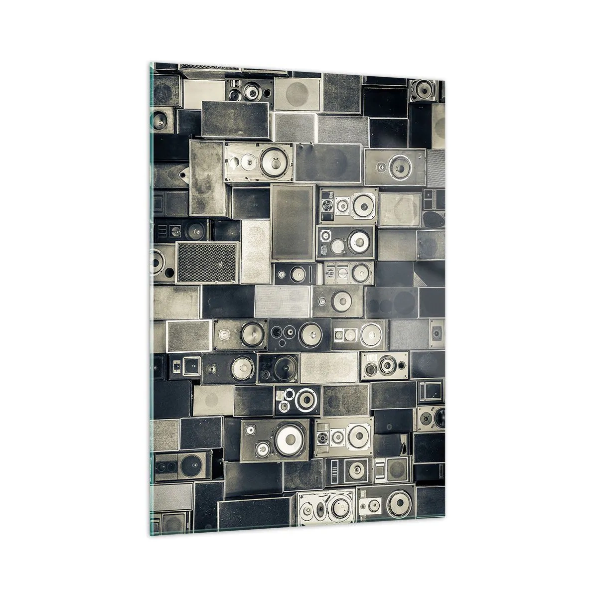 Glasbild - Bild auf glas - Eine Komposition aus Retro-Lautsprechern in Grautönen - 50x70cm - Und es ist alles in Ordnung - Moderne Wanddekoration für Wohnzimmer und Schlafzimmer ARTTOR