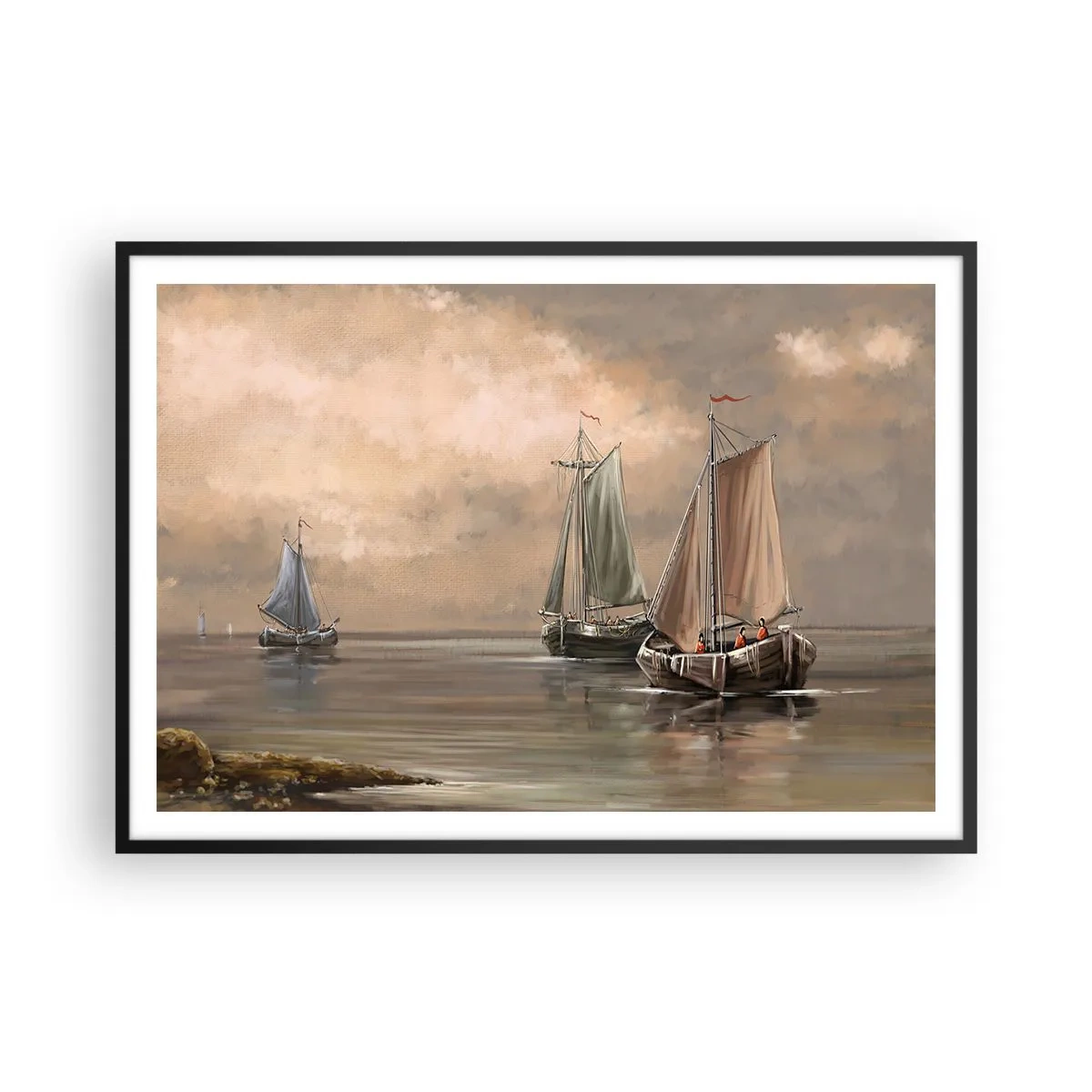 Poster in einem schwarzem Rahmen - Segelboote auf ruhigem Meer in pastellfarbener Umgebung - 100x70cm - Die Rückkehr der Matrosen - Moderne Wanddekoration für Wohnzimmer und Schlafzimmer ARTTOR
