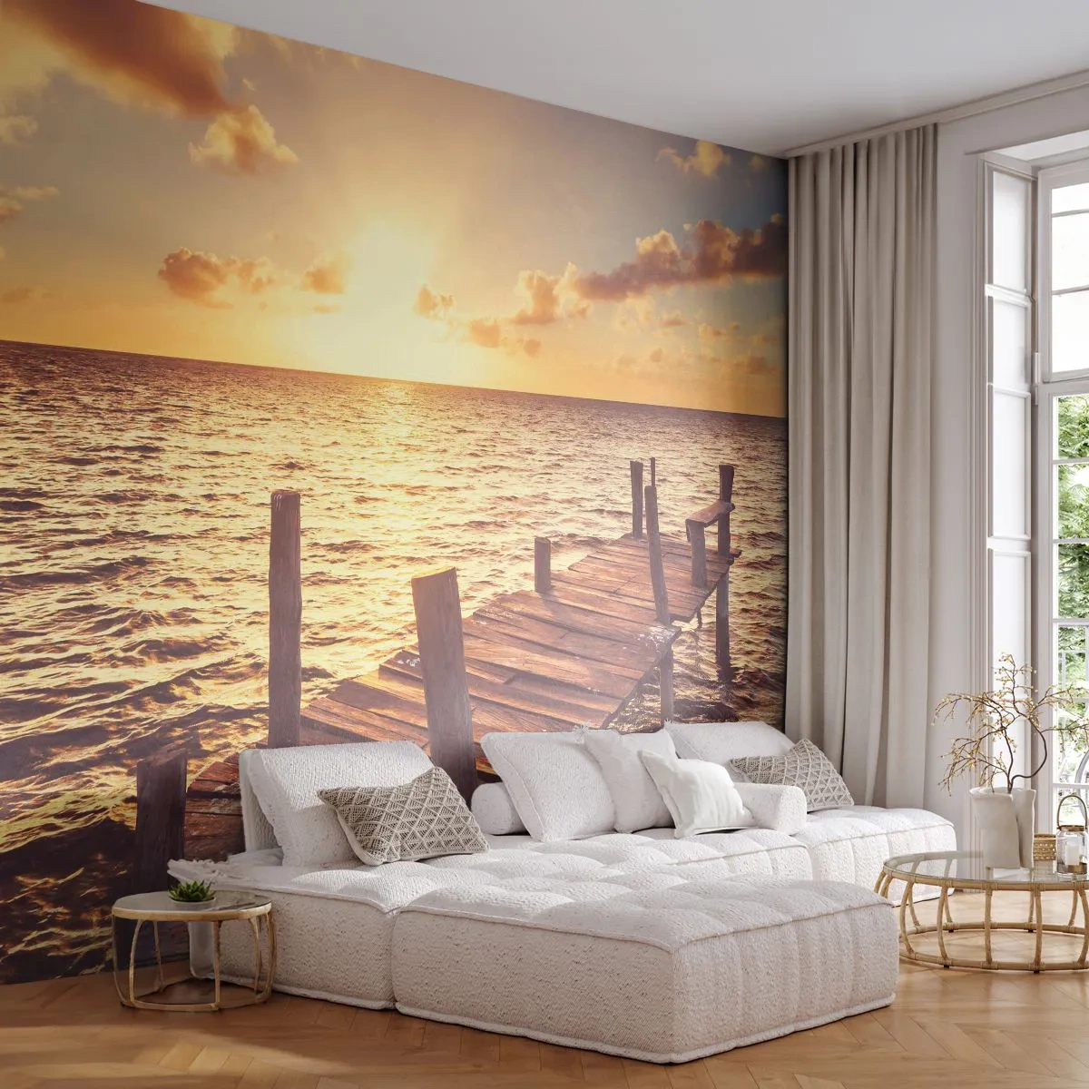 Fototapete Premium Canvas - Das goldene Land der Sanftmut - Landschaft, Meer, Holzbrücke - 300x210 cm