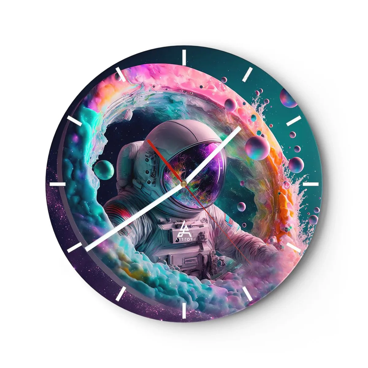 Wanduhr - Glasuhr - Astronaut inmitten kosmischer Farben und portalartiger Effekte - 30x30cm - Sternentor - Moderne Wanddekoration für Wohnzimmer, Küche und Schlafzimmer ARTTOR