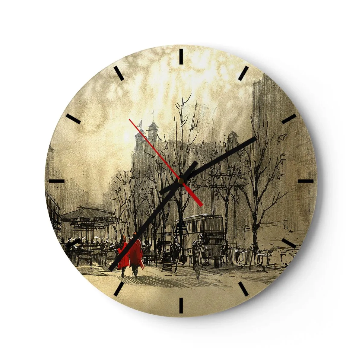 Wanduhr - Glasuhr - Ein Cartoon-Straßenmotiv mit zwei Figuren - 30x30cm - Ein Date im Londoner Nebel - Moderne Wanddekoration für Wohnzimmer, Küche und Schlafzimmer ARTTOR