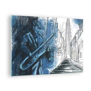 Glasbild - Bild auf glas - Jazz-Saxophonist in blau getönter urbaner Umgebung - 70x50cm - Urbane Rhapsodie - Moderne Wanddekoration für Wohnzimmer und Schlafzimmer ARTTOR