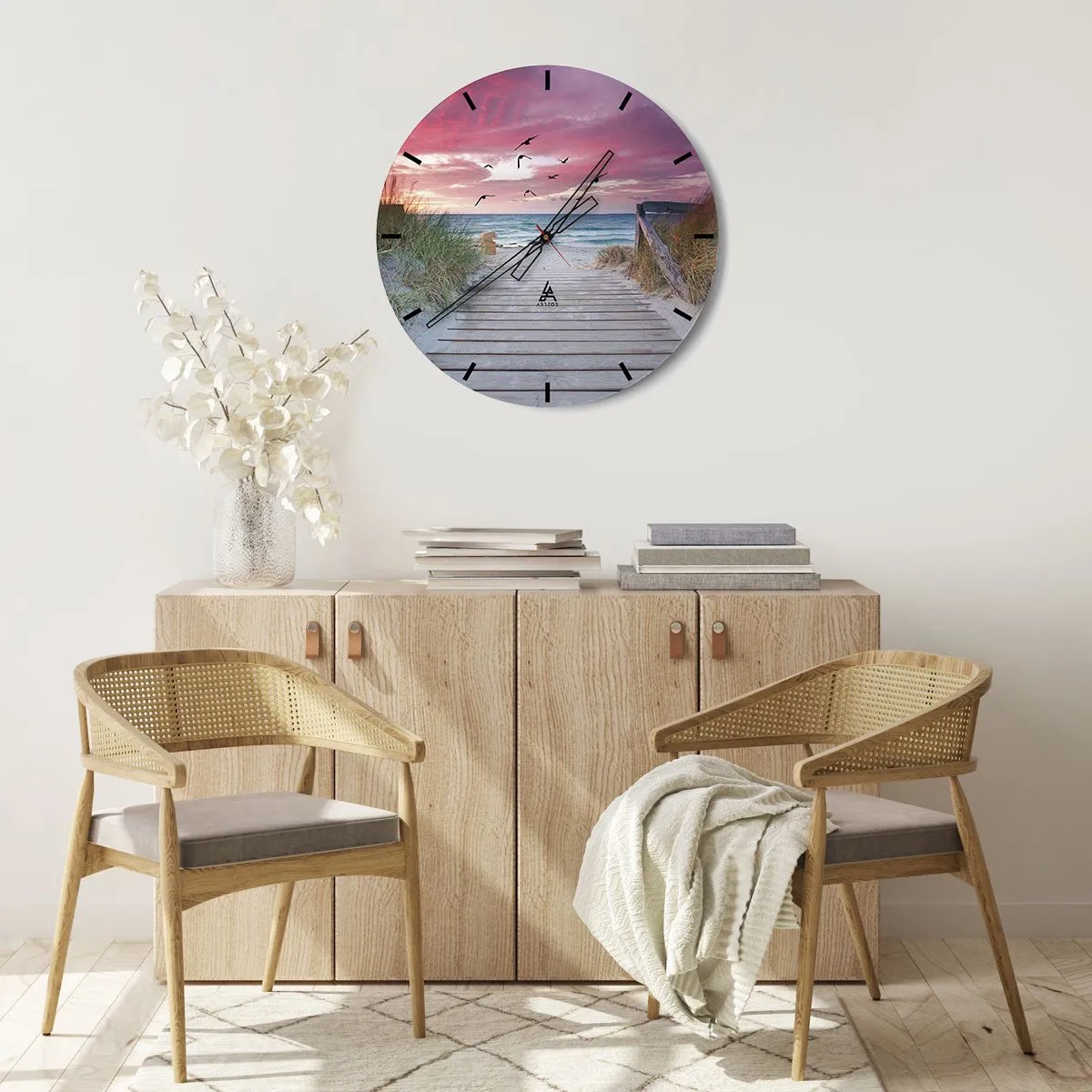 Wanduhr - Glasuhr - Holzsteg zum Strand bei Sonnenuntergang - 30x30cm - Baltischer Eindruck - Moderne Wanddekoration für Wohnzimmer, Küche und Schlafzimmer ARTTOR