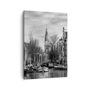 Bild auf Leinwand - Leinwandbild - Schwarz-Weiß-Panorama von Amsterdam mit Kanal und historischen Gebäuden - 50x70cm - Amsterdamer Atmosphäre - Moderne Wanddekoration für Wohnzimmer und Schlafzimmer ARTTOR