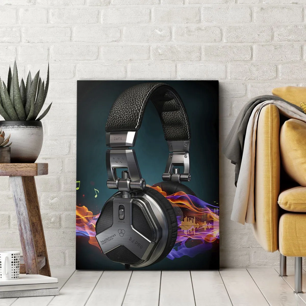 Bild auf Leinwand - Leinwandbild - Schwarze Kopfhörer mit farbenfrohem Musikvisualisierungseffekt - 50x70cm - Feuer der Musik - Moderne Wanddekoration für Wohnzimmer und Schlafzimmer ARTTOR