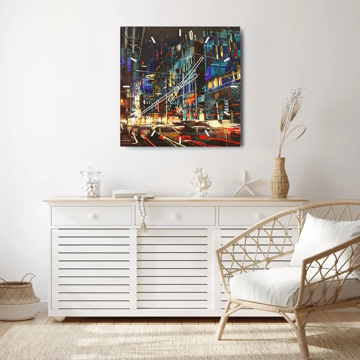 Wanduhr - Glasuhr - Stadtnachtszene mit Neonlichtern - 30x30cm - Abendlicher Straßentrubel - Moderne Wanddekoration für Wohnzimmer und Schlafzimmer ARTTOR