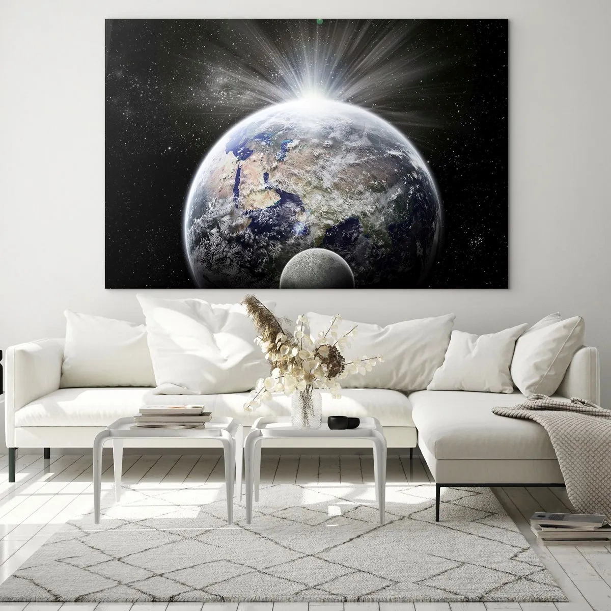 Glasbild - Bild auf glas - Erde und Mond in einer Weltraumlandschaft - 70x50cm - In voller Pracht - Moderne Wanddekoration für Wohnzimmer und Schlafzimmer ARTTOR