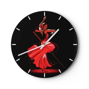Wanduhr - Glasuhr - Flamenco-Tänzerin in einem roten Kleid vor schwarzem Hintergrund - 30x30cm - Der feurige Geist des Flamenco - Moderne Wanddekoration für Wohnzimmer, Küche und Schlafzimmer ARTTOR