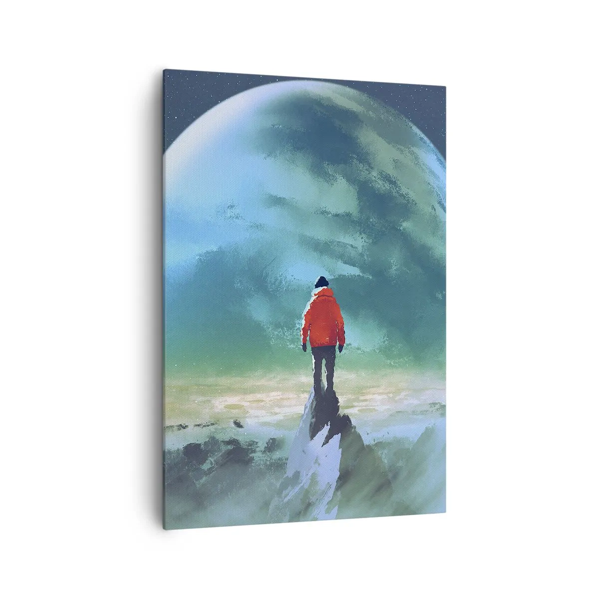 Bild auf Leinwand - Leinwandbild - Ein Mann in einer roten Jacke steht vor einem großen Planeten mit Sternen im Hintergrund. - 70x100cm - Entdecker des neuen Landes - Moderne Wanddekoration für Wohnzimmer und Schlafzimmer ARTTOR