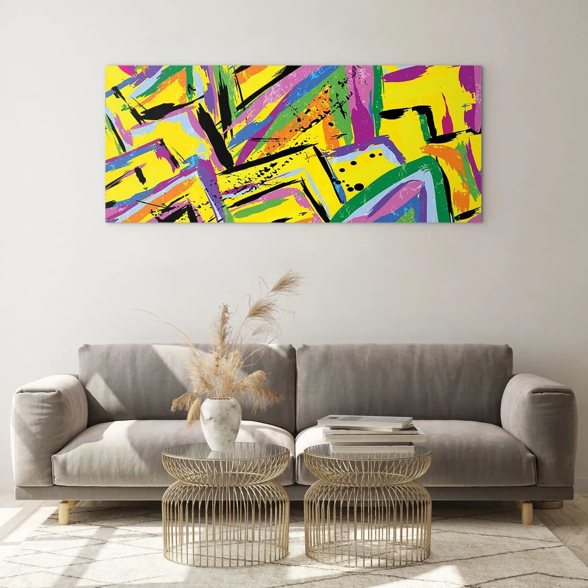 Glasbild - Bild auf glas - Lebendige Abstraktion in leuchtenden Farben und dynamischen Formen - 120x50cm - Bis sie vor Freude schreit - Moderne Wanddekoration für Wohnzimmer und Schlafzimmer ARTTOR