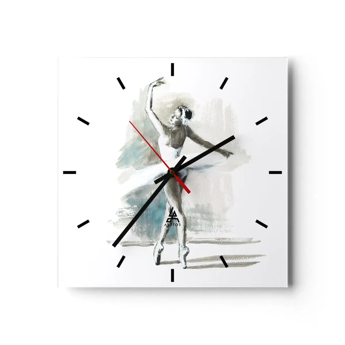 Wanduhr - Glasuhr - Eine Balletttänzerin in einer Ballettpose vor einem Hintergrund aus zarten Aquarelltönen. - 30x30cm - In einen Schwan verzaubert - Moderne Wanddekoration für Wohnzimmer und Schlafzimmer ARTTOR
