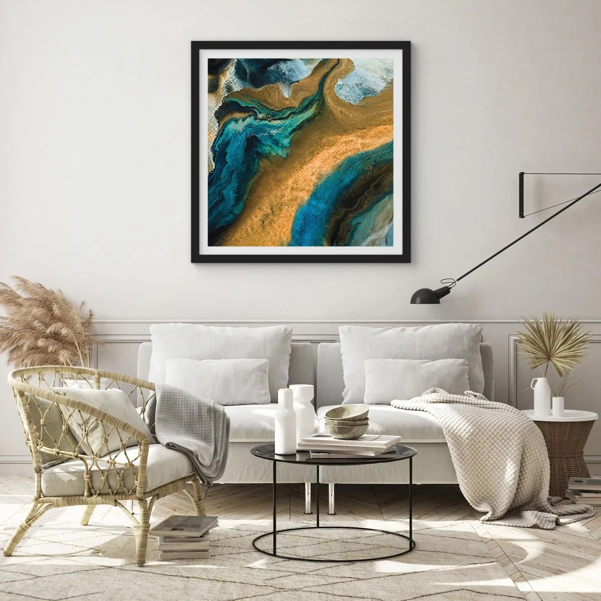 Poster in einem schwarzem Rahmen - Blau - Gelb - gegenseitige Beeinflussung - 60x60 cm