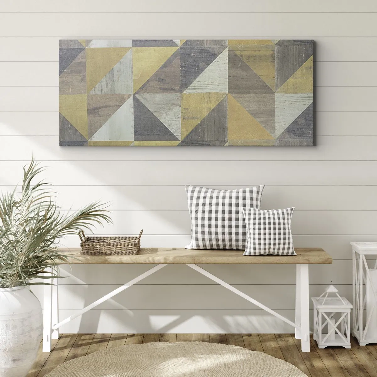 Bild auf Leinwand - Leinwandbild - Geometrische Komposition aus Dreiecken in erdigen Farbtönen - 160x50cm - Am Winkel des Dreiecks - Moderne Wanddekoration für Wohnzimmer und Schlafzimmer ARTTOR