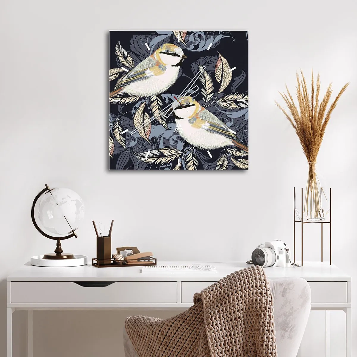 Wanduhr - Glasuhr - Vögel auf Zweigen vor ornamentalem Hintergrund - 30x30cm - Gelb-blauer Triller - Moderne Wanddekoration für Wohnzimmer und Schlafzimmer ARTTOR