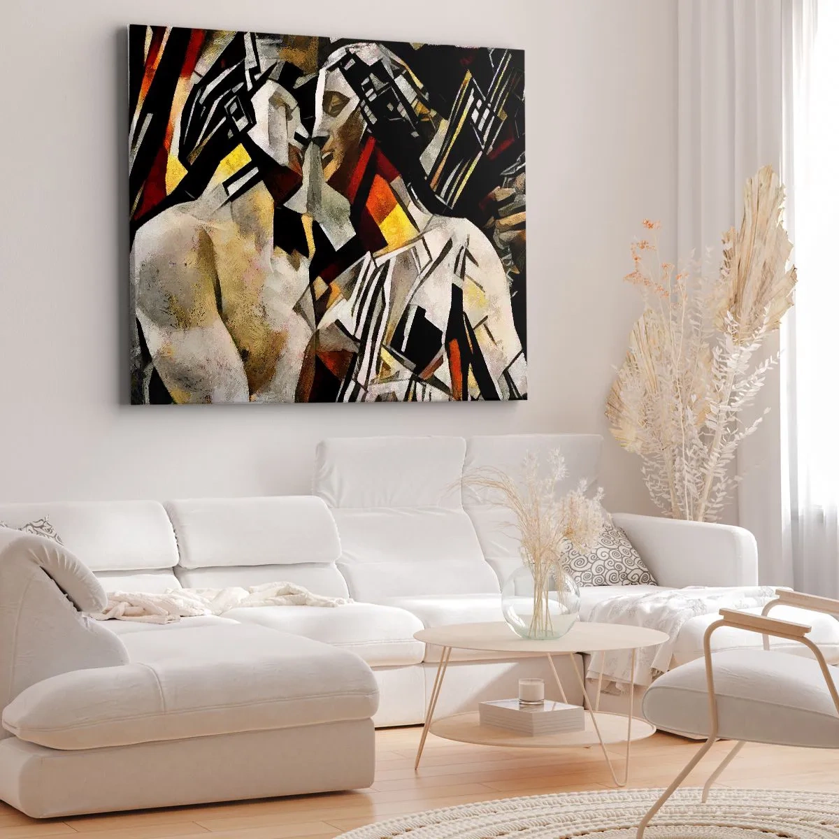 Bild auf Leinwand - Leinwandbild - Abstrakte Komposition mit Silhouetten in dynamischer Form - 120x80cm - Ein statuenhafter Kuss - Moderne Wanddekoration für Wohnzimmer und Schlafzimmer ARTTOR