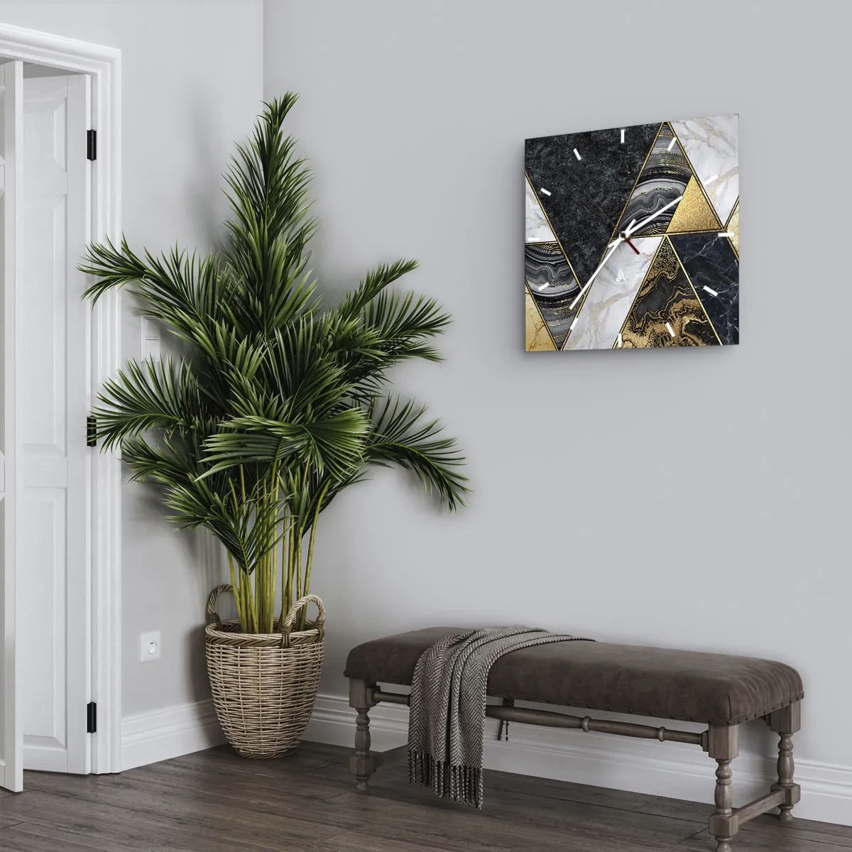 Wanduhr - Glasuhr - Geometrische Dreiecke in Gold, Marmor und dunklen Farbtönen - 30x30cm - Stein um Stein - Moderne Wanddekoration für Wohnzimmer und Schlafzimmer ARTTOR