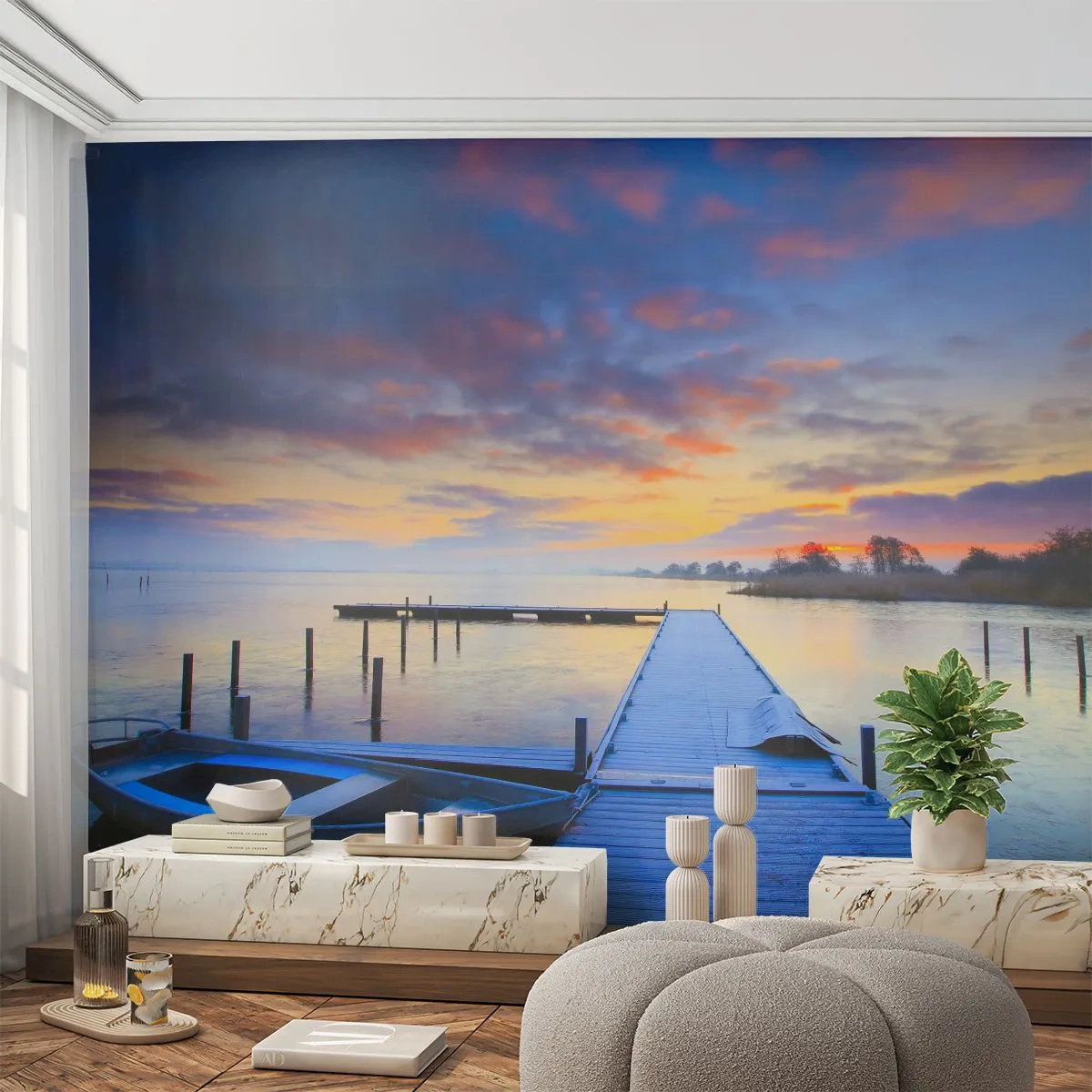 Fototapete Premium Canvas - Violett-goldene Ruhe - Landschaft, See, Boot - 200x140 cm