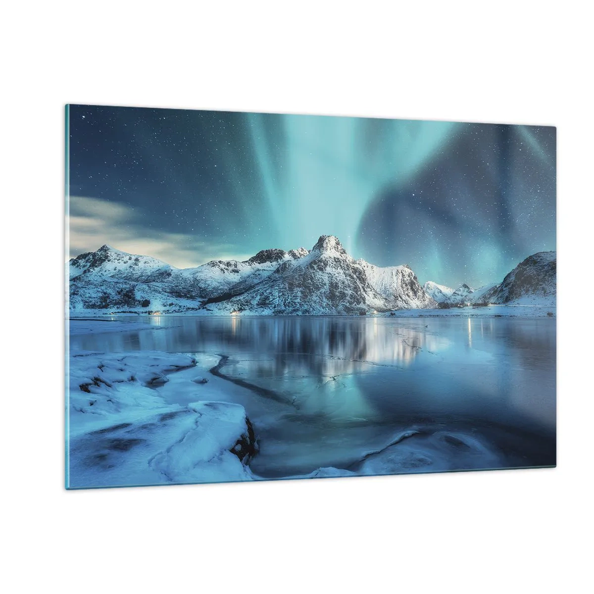 Glasbild - Bild auf glas - Aurora Borealis über den schneebedeckten Bergen - 120x80cm - Lichtnacht - Moderne Wanddekoration für Wohnzimmer und Schlafzimmer ARTTOR