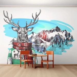 Fototapete Premium Sand - Ein Hirsch in einem Winterpullover und Schal vor einer Berglandschaft - 100x70cm - Auch ein Reh friert nicht - Moderne Wanddekoration für Wohnzimmer und Schlafzimmer ARTTOR