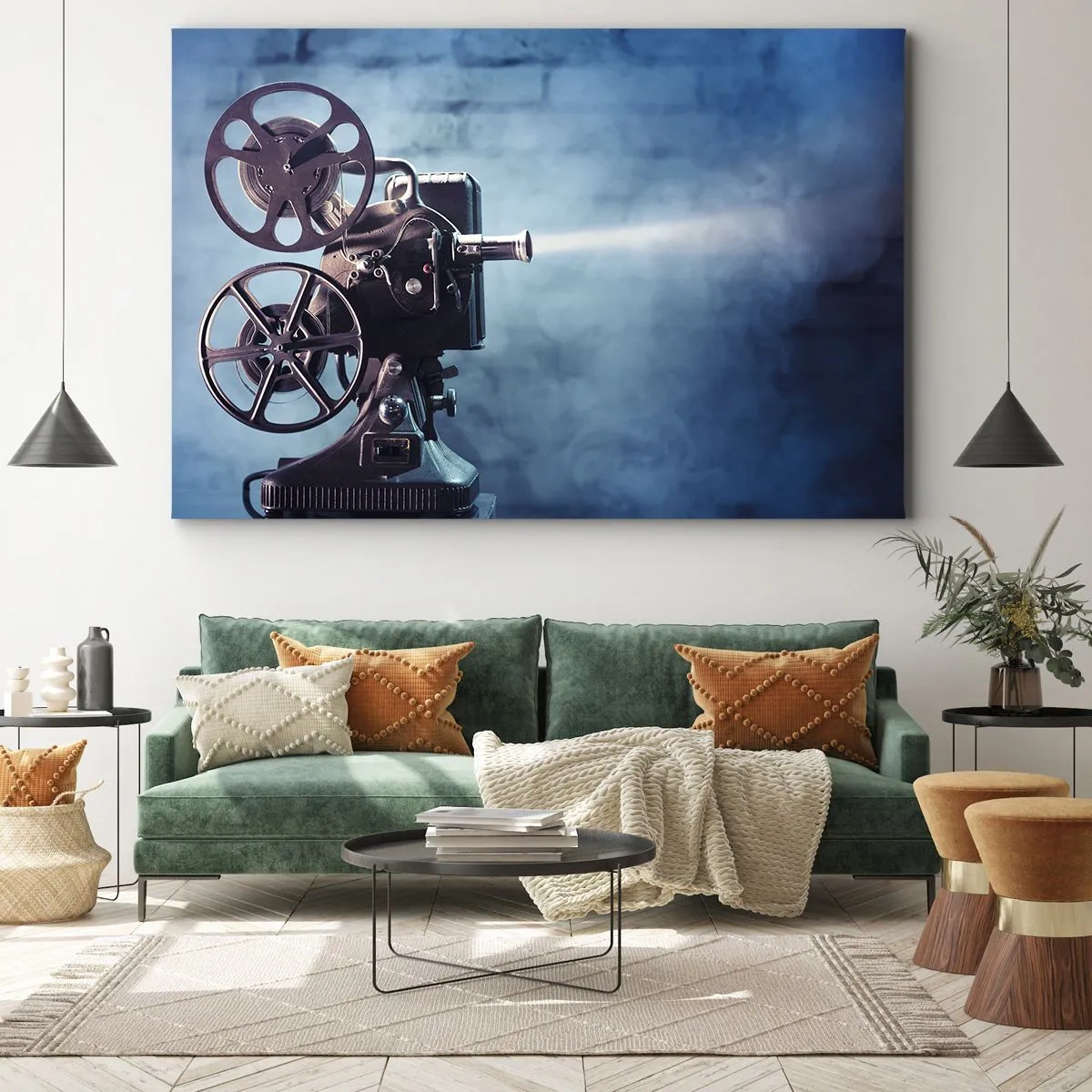 Bild auf Leinwand - Leinwandbild - Ein alter Filmprojektor wirft Licht vor einen blauen Hintergrund - 100x70cm - Im alten Kino - Moderne Wanddekoration für Wohnzimmer und Schlafzimmer ARTTOR