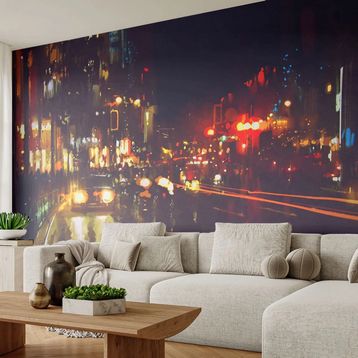 Fototapete Premium Canvas - Eingetaucht in die Lichter der Nacht - Stadt, Die Architektur, Nachtleben - 350x256 cm