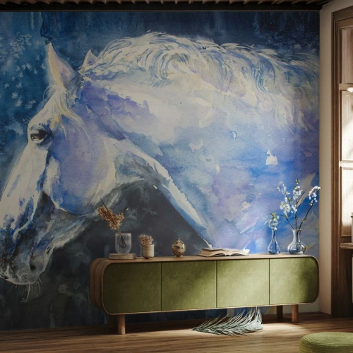 Fototapete Premium Canvas - Porträt in blauem Glanz - Pferd, Malerei, Tiere - 500x350 cm