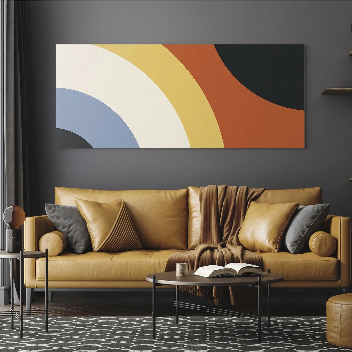 Glasbild - Bild auf glas - Abstraktes Kunstwerk mit bunten Bögen und kontrastierenden Kreisen - 140x50cm - Zu mir selbst - Moderne Wanddekoration für Wohnzimmer und Schlafzimmer ARTTOR