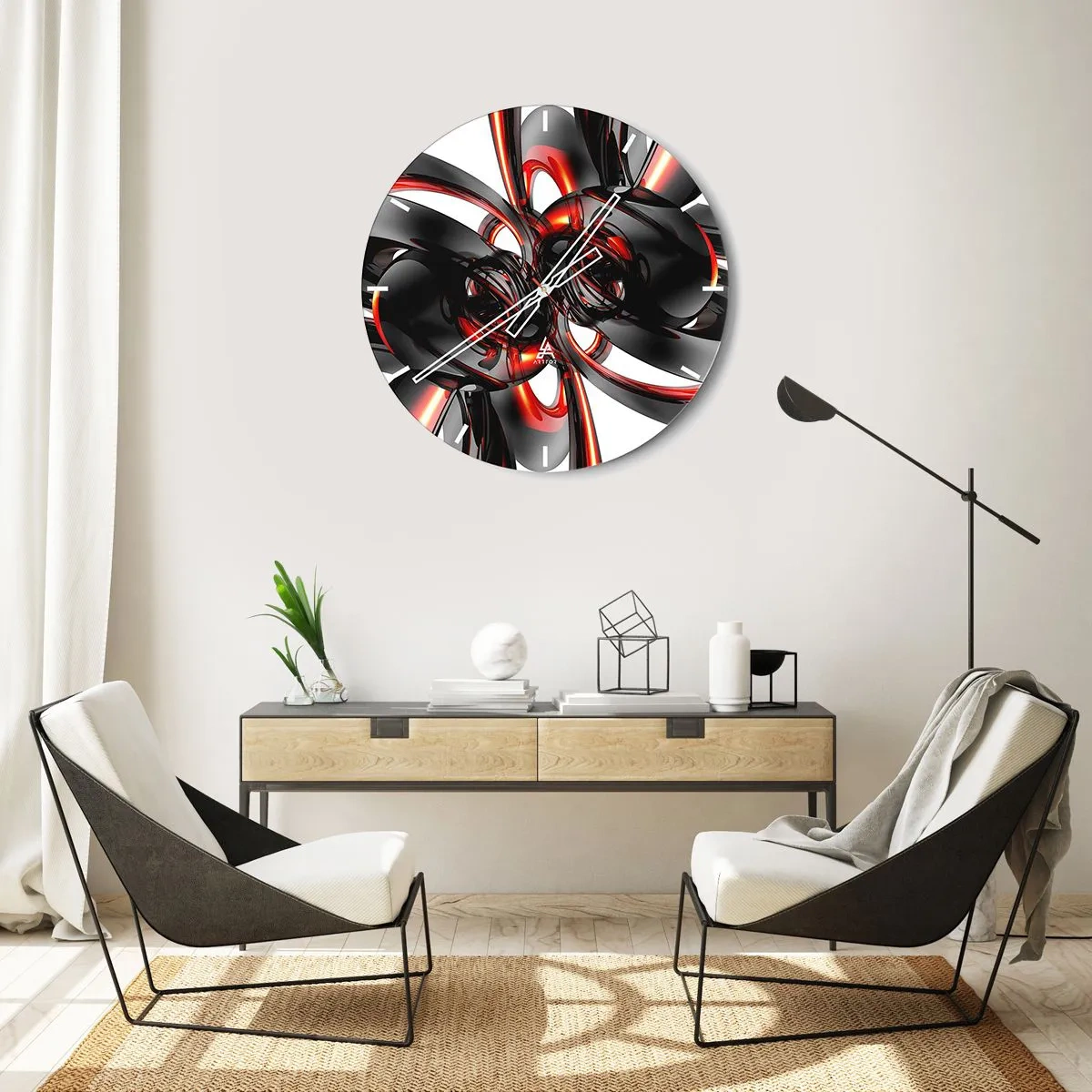 Wanduhr - Glasuhr - Abstraktes Muster mit roten und schwarzen Formen - 30x30cm - Uhrwerk in Graphit und Rot - Moderne Wanddekoration für Wohnzimmer, Küche und Schlafzimmer ARTTOR