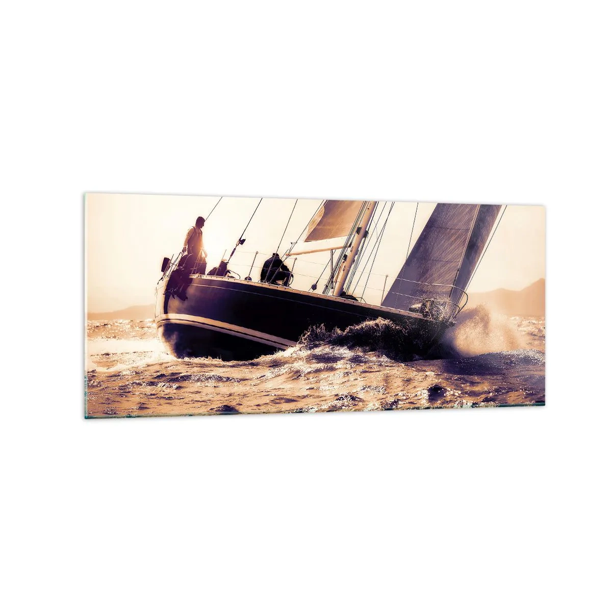 Glasbild - Bild auf glas - Eine Yacht auf stürmischer See im Licht der untergehenden Sonne - 120x50cm - Segle, Seemann - Moderne Wanddekoration für Wohnzimmer und Schlafzimmer ARTTOR
