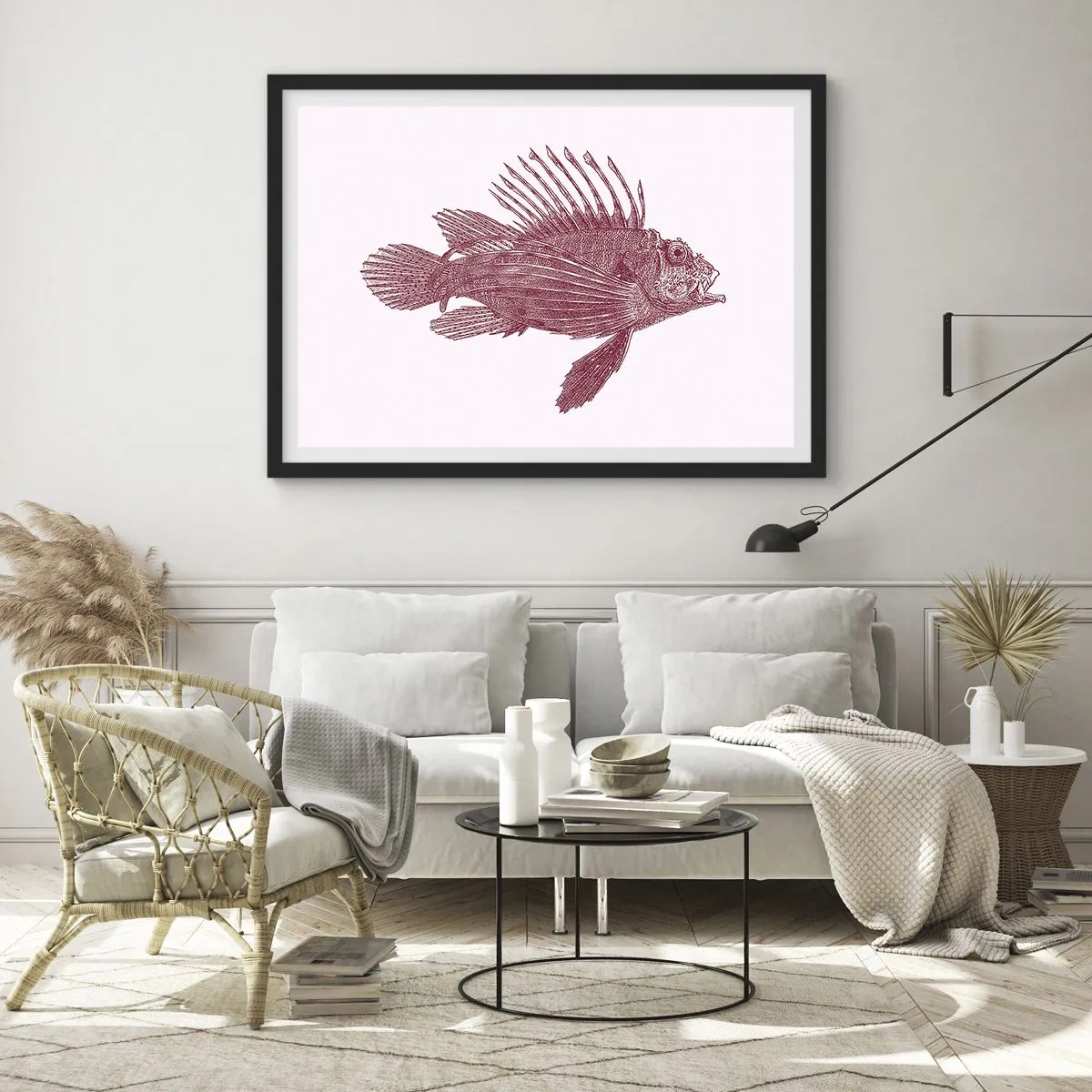 Poster in einem schwarzem Rahmen - Zeichnung eines Fisches in einem roten Farbton - 100x70cm - Bewohner exotischer Gewässer - Moderne Wanddekoration für Wohnzimmer und Schlafzimmer ARTTOR