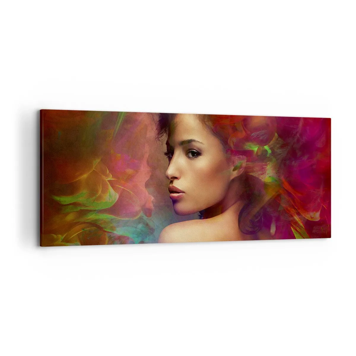 Bild auf Leinwand - Leinwandbild - Eine Frau mit bunten Reflexionen, die einen abstrakten Hintergrund erzeugen - 120x50cm - Schöner als ein Regenbogen, so zart wie ein Nebel - Moderne Wanddekoration für Wohnzimmer und Schlafzimmer ARTTOR