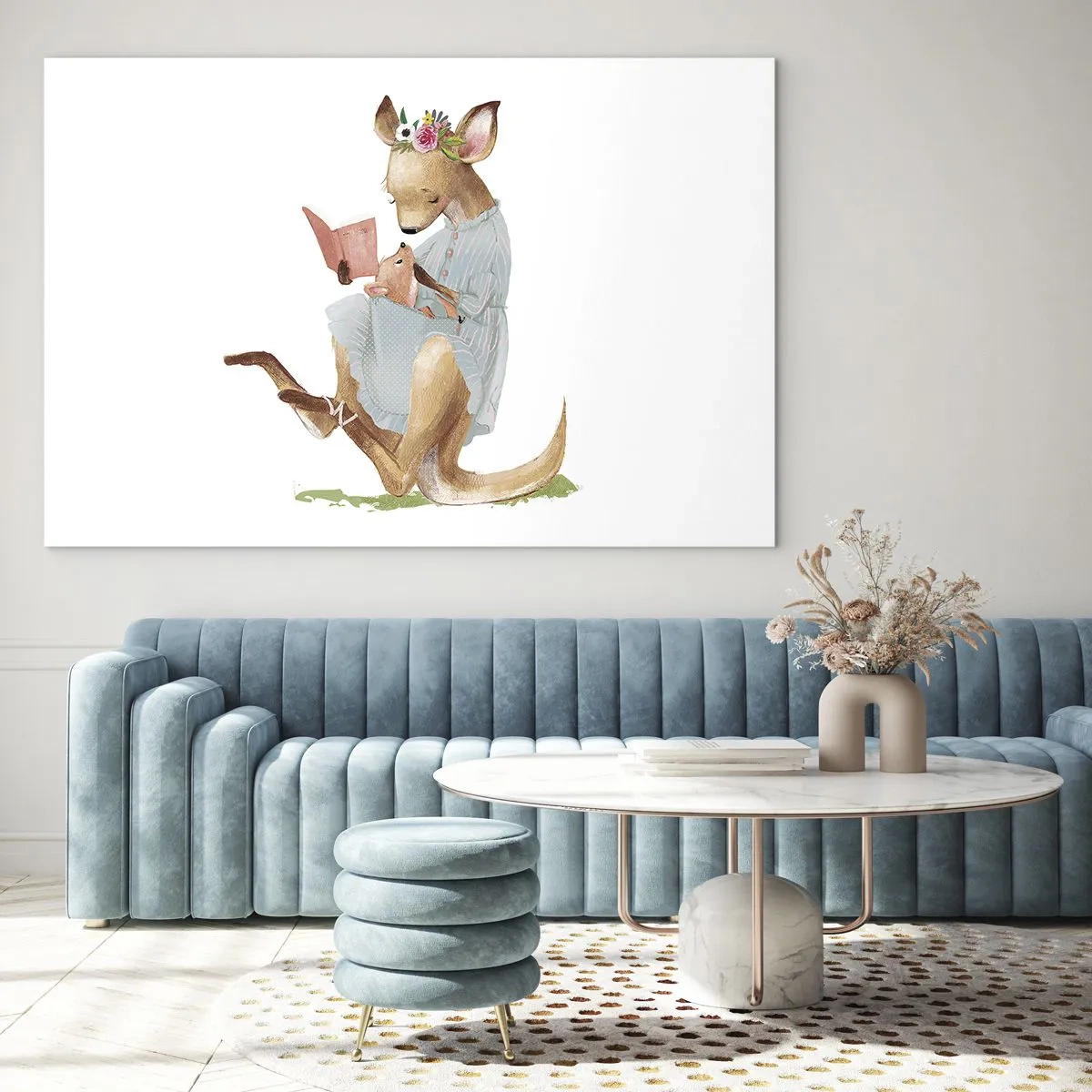 Glasbild - Bild auf glas - Eine Känguru-Mutter liest einem Känguru-Baby ein Buch vor - 100x70cm - Lies mir vor Mama - Moderne Wanddekoration für Wohnzimmer und Schlafzimmer ARTTOR