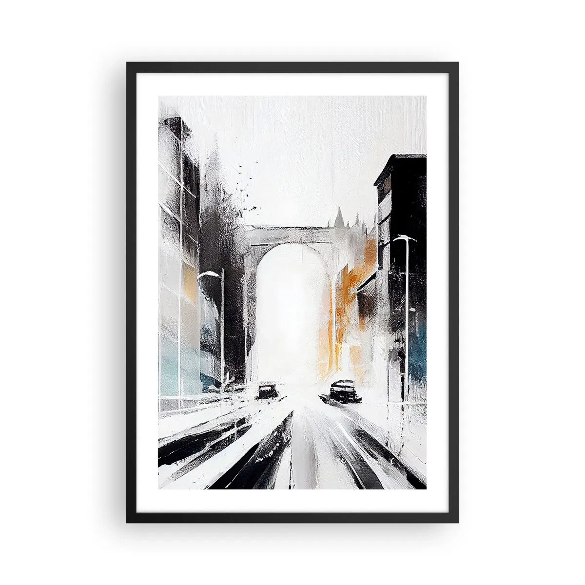 Poster in einem schwarzem Rahmen - Abstraktes Stadtpanorama mit einem monumentalen Bogen - 50x70cm - Stadtstudie: Architektur und Bewegung - Moderne Wanddekoration für Wohnzimmer und Schlafzimmer ARTTOR