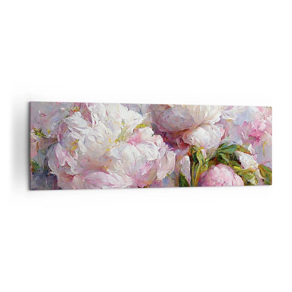 Bild auf Leinwand - Leinwandbild - Romantische Pfingstrosenblüten in Pastellfarben - 160x50cm - Strauß voller Leben - Moderne Wanddekoration für Wohnzimmer und Schlafzimmer ARTTOR
