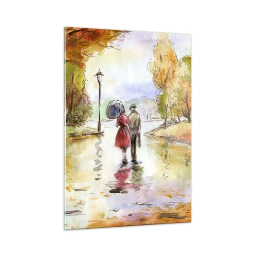 Glasbild - Bild auf glas - Herbstspaziergang eines Paares durch einen Park mit bunten Blättern - 50x70cm - Romantischer Herbst im Park - Moderne Wanddekoration für Wohnzimmer und Schlafzimmer ARTTOR