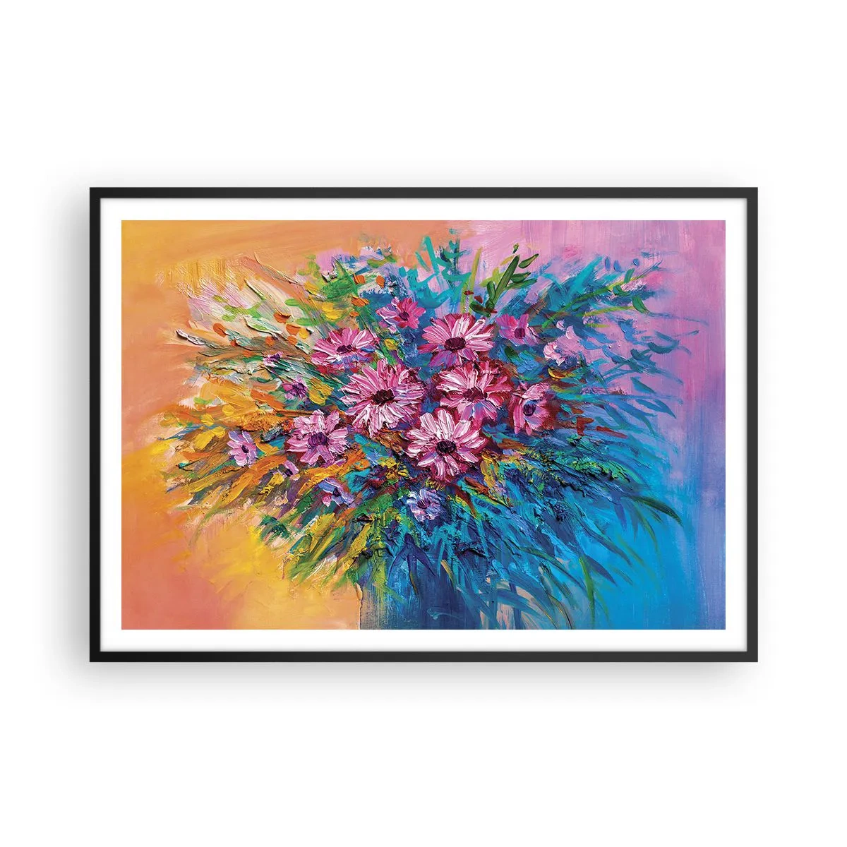 Poster in einem schwarzem Rahmen - Bunte Blumen in einem Strauß vor pastellfarbenem Hintergrund - 100x70cm - Lebensenergie - Moderne Wanddekoration für Wohnzimmer und Schlafzimmer ARTTOR