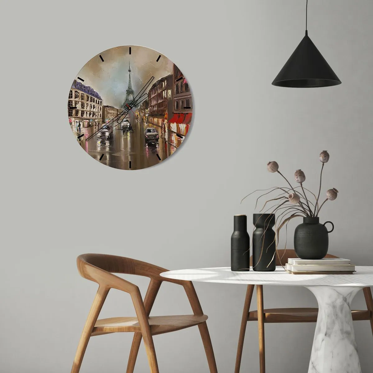 Wanduhr - Glasuhr - Der Eiffelturm, umgeben von einer Pariser Straße im Regen - 30x30cm - Nur sie zählt - Moderne Wanddekoration für Wohnzimmer, Küche und Schlafzimmer ARTTOR