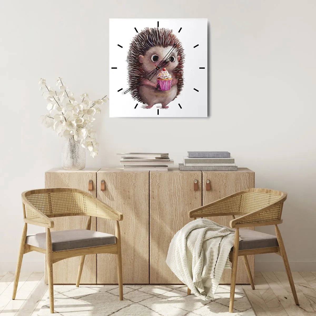 Wanduhr - Glasuhr - Ein süßer Igel mit einem Cupcake - 30x30cm - Der Feiertag ist jeden Tag - Moderne Wanddekoration für Wohnzimmer und Schlafzimmer ARTTOR