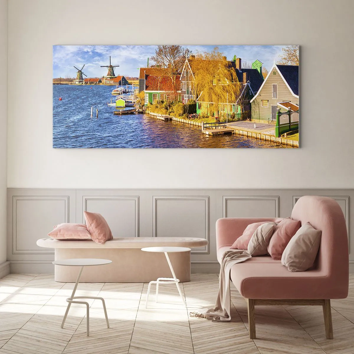 Glasbild - Bild auf glas - Malerische Häuser und Windmühlen am Wasser - 140x50cm - Seit Jahrhunderten keine Veränderung - Moderne Wanddekoration für Wohnzimmer und Schlafzimmer ARTTOR