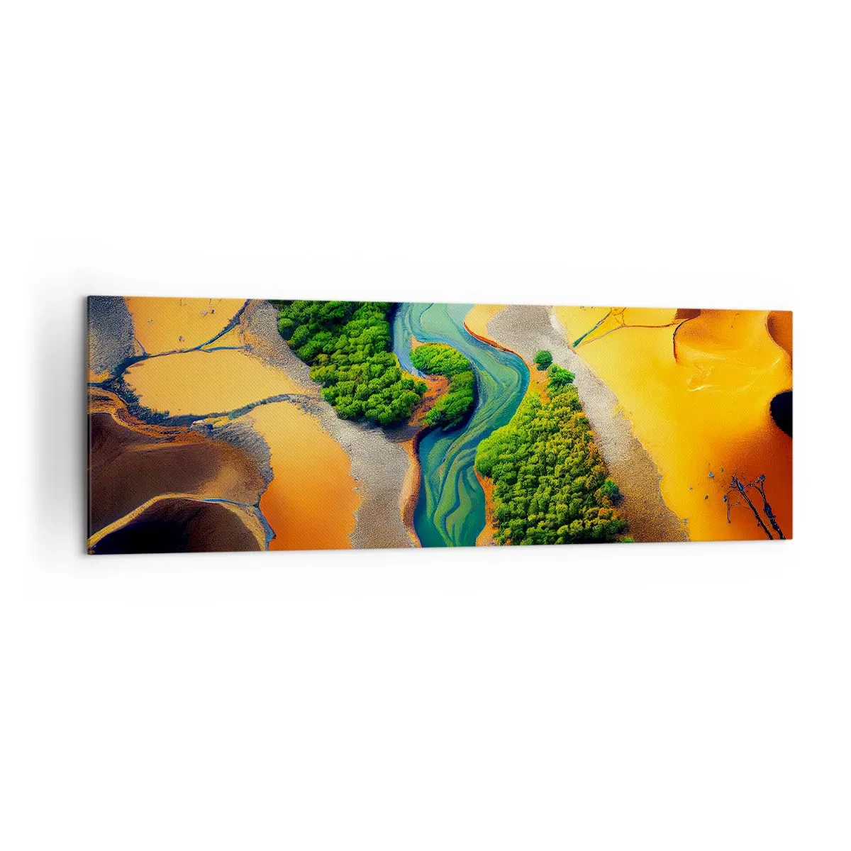 Bild auf Leinwand - Leinwandbild - Ein grüner Fluss, umgeben von goldenem Sand und Vegetation - 160x50cm - Lebensspendender Fluss - Moderne Wanddekoration für Wohnzimmer und Schlafzimmer ARTTOR