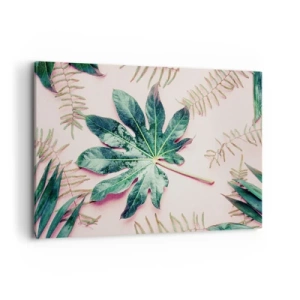 Bild auf Leinwand - Leinwandbild - Tropische Blätter auf hellem Pastellhintergrund - 100x70cm - Eine Studie von Grün auf einem rosa Hintergrund - Moderne Wanddekoration für Wohnzimmer und Schlafzimmer ARTTOR