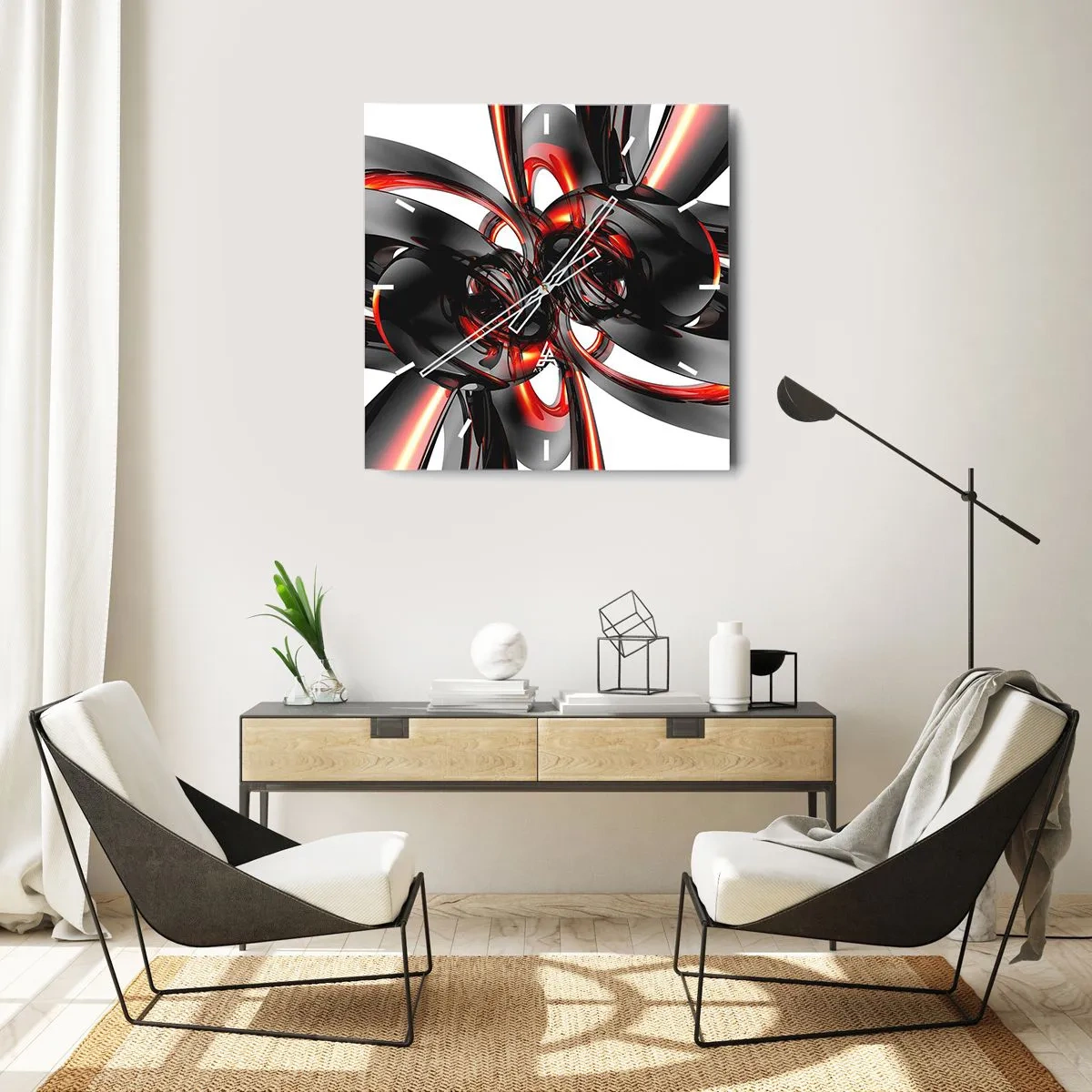 Wanduhr - Glasuhr - Uhrwerk in Graphit und Rot - 30x30 cm