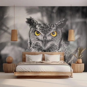 Fototapete Premium Sand - Eine schwarz-weiße Eule mit intensiv gelben Augen - 100x70cm - Nichts wird sich verstecken - Moderne Wanddekoration für Wohnzimmer und Schlafzimmer ARTTOR