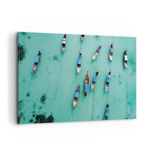 Bild auf Leinwand - Leinwandbild - Boote auf türkisfarbenem Wasser aus der Vogelperspektive - 100x70cm - In freudiger Erwartung - Moderne Wanddekoration für Wohnzimmer und Schlafzimmer ARTTOR