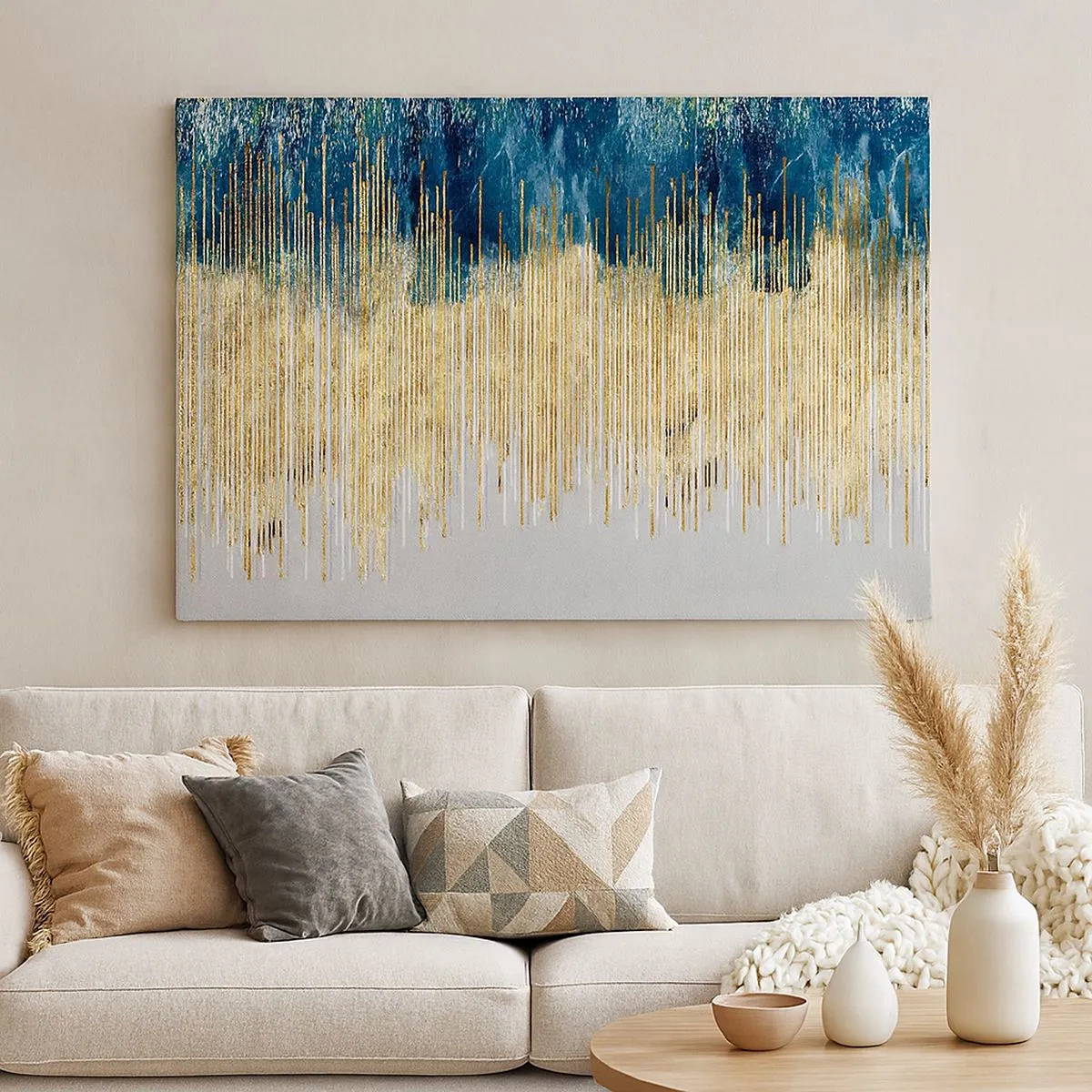 Bild auf Leinwand - Leinwandbild - Goldene Linien vor einem Hintergrund aus marineblauer und grauer Abstraktion - 70x50cm - Vergoldete Grenze - Moderne Wanddekoration für Wohnzimmer und Schlafzimmer ARTTOR