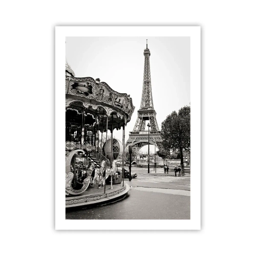 Poster - Schwarz-Weiß-Foto des Karussells und des Turms im Hintergrund - 50x70cm - So lustig ist es nur in Paris - Moderne Wanddekoration für Wohnzimmer und Schlafzimmer ARTTOR