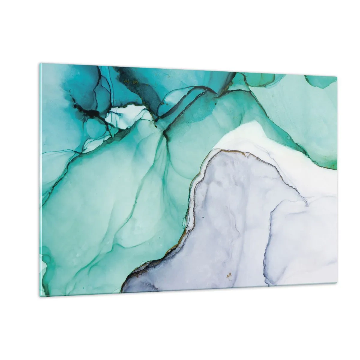 Glasbild - Bild auf glas - Ein abstraktes Gemälde in Türkis- und Weißtönen mit zarten Rissen. - 120x80cm - Eine Studie in Türkis - Moderne Wanddekoration für Wohnzimmer und Schlafzimmer ARTTOR
