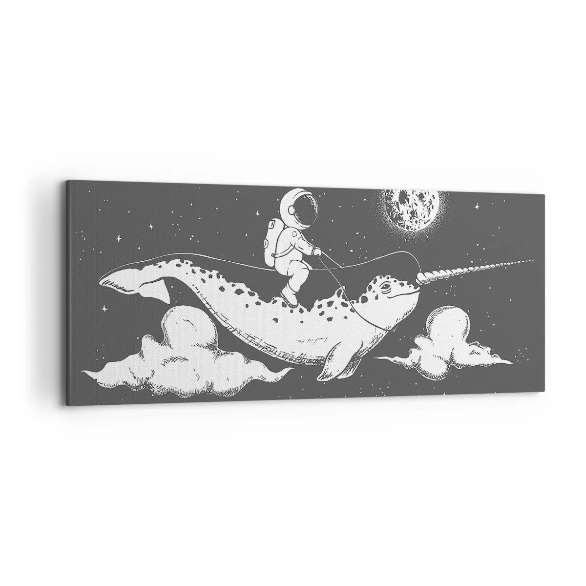 Bild auf Leinwand - Leinwandbild - Ein Astronaut auf dem Rücken eines Narwals, der in einer Weltraumszene schwimmt. - 120x50cm - Weltraumreiter - Moderne Wanddekoration für Wohnzimmer und Schlafzimmer ARTTOR