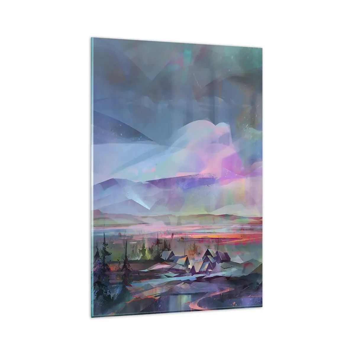 Glasbild - Bild auf glas - Berglandschaft mit buntem Himmel und einem Dorf - 80x120cm - Unter einem wohlwollenden Himmel - Moderne Wanddekoration für Wohnzimmer und Schlafzimmer ARTTOR